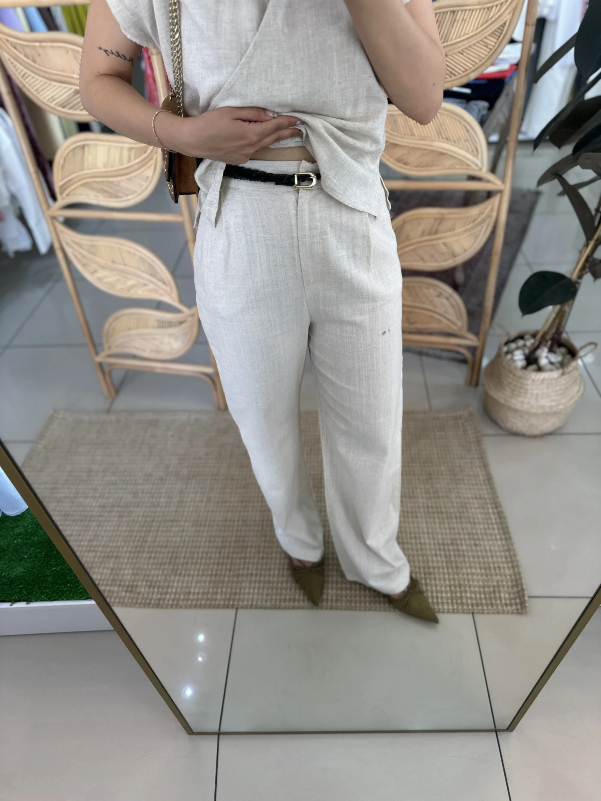 Beli Lastikli Natural Keten Pantolon