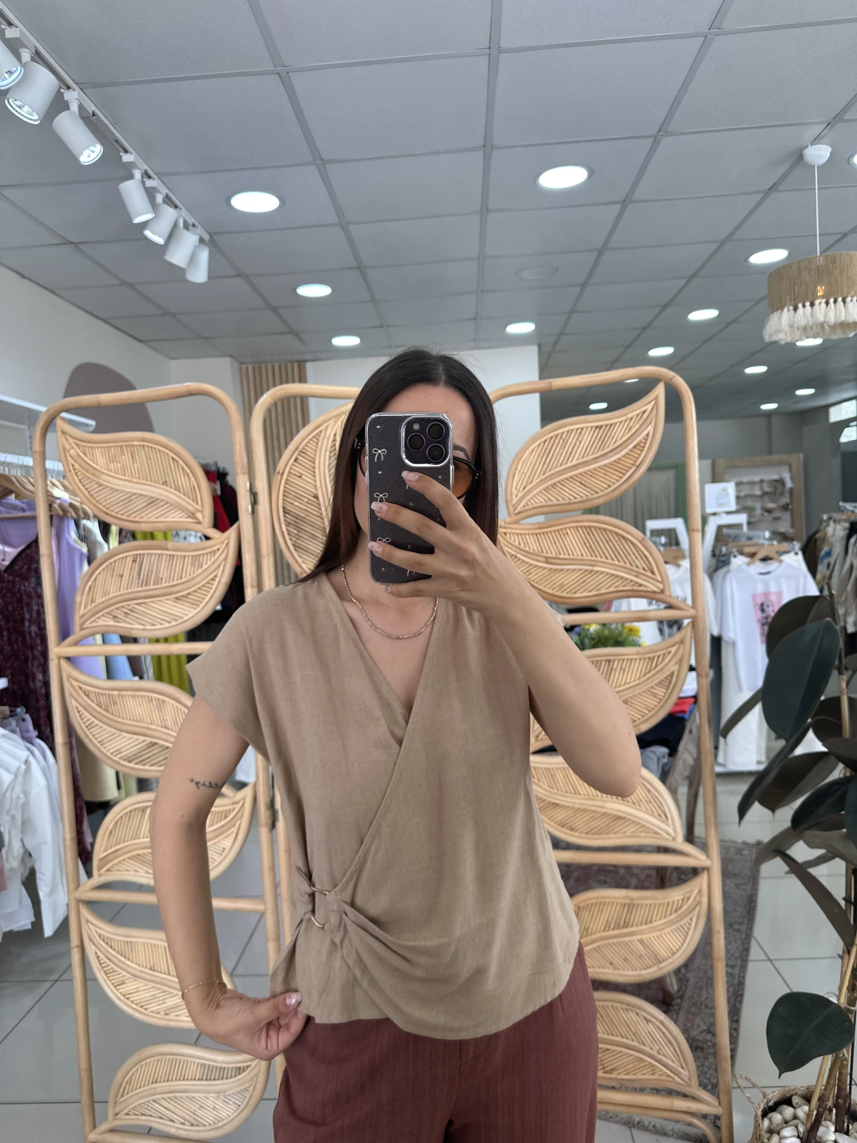 Gold Toka Detay Kruvaze Bluz Kahve