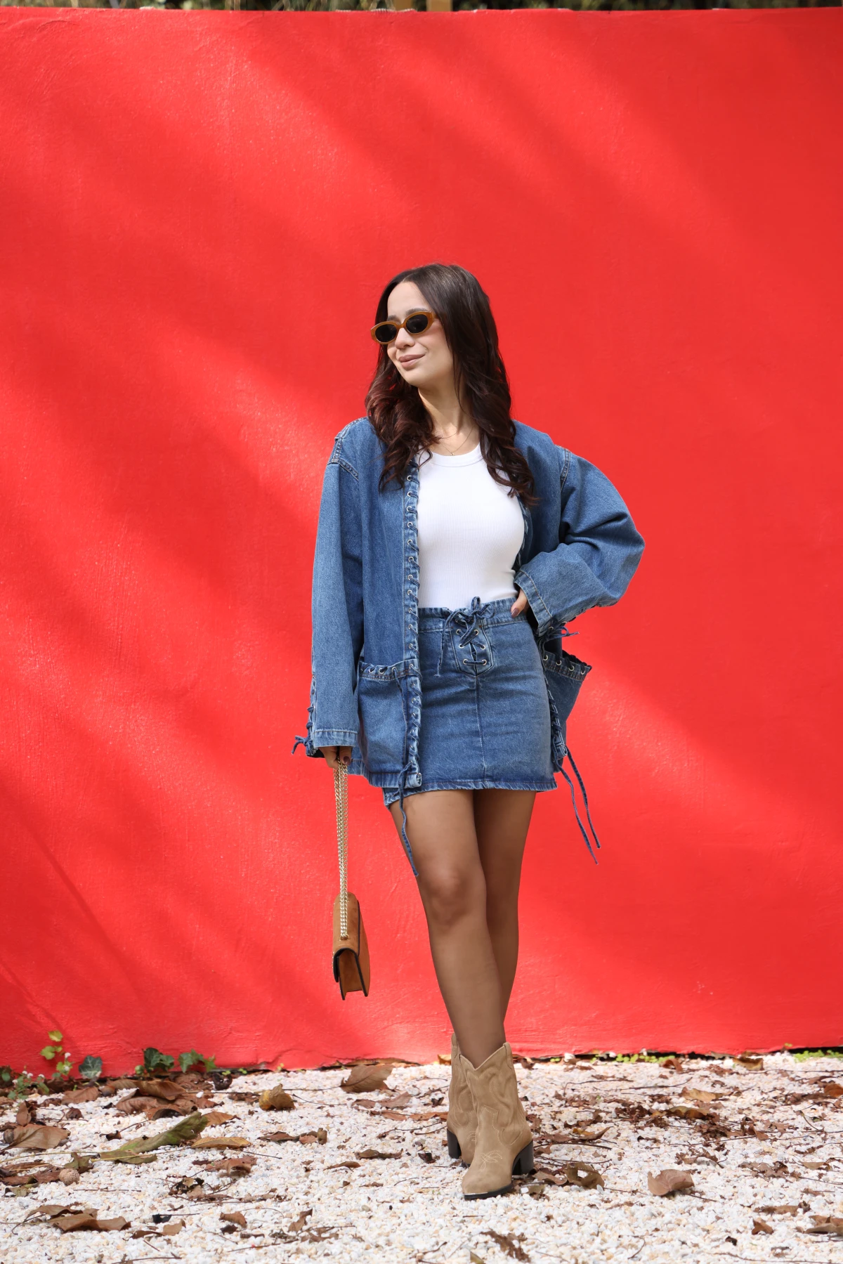 Kuş Gözlü Denim Etek Ceket Takım