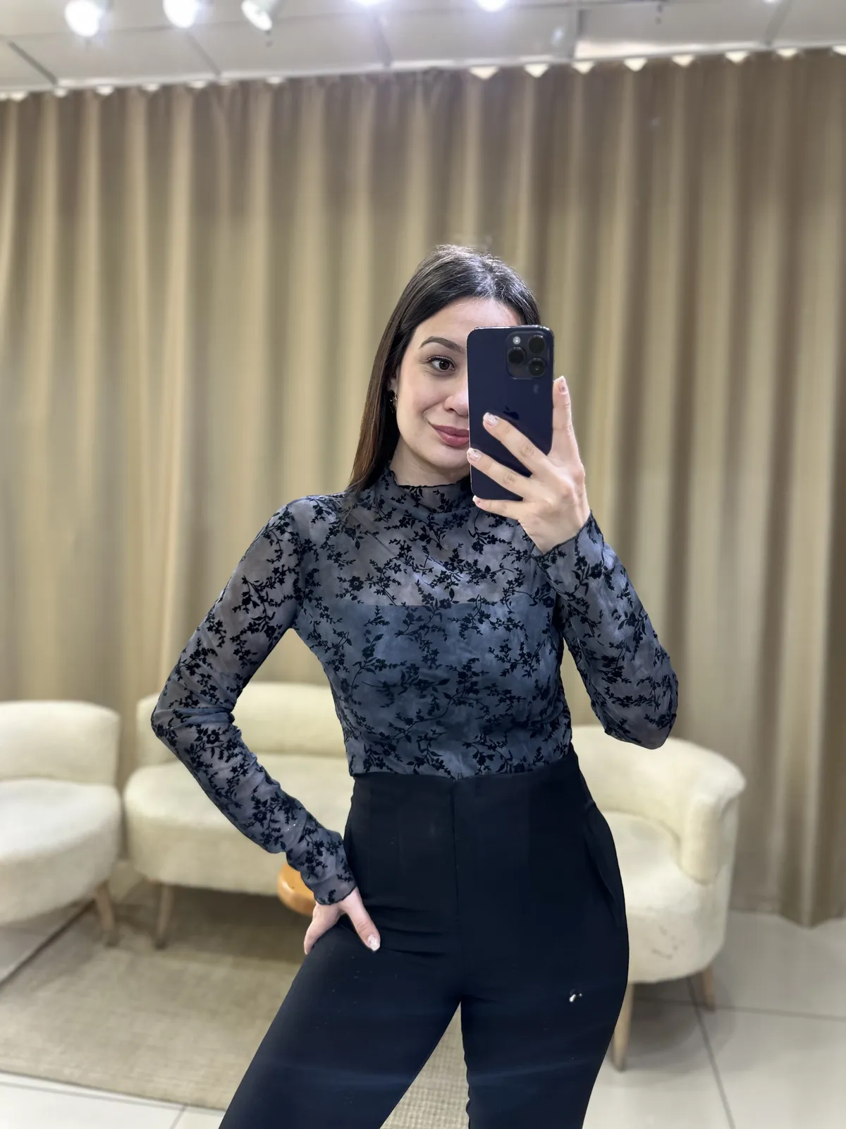 Premium Çiçek Desenli Siyah Transparan Bluz