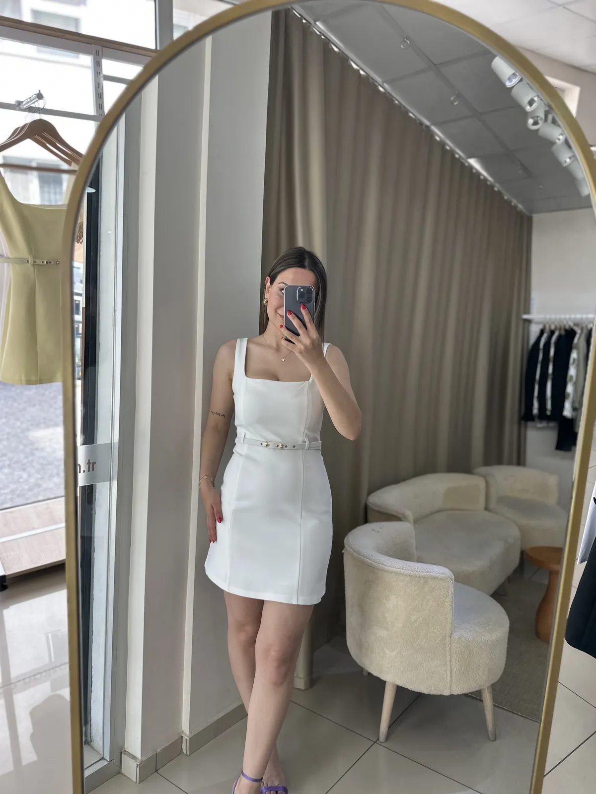 Premium Kemerli Kalın Askılı Ekru Elbise
