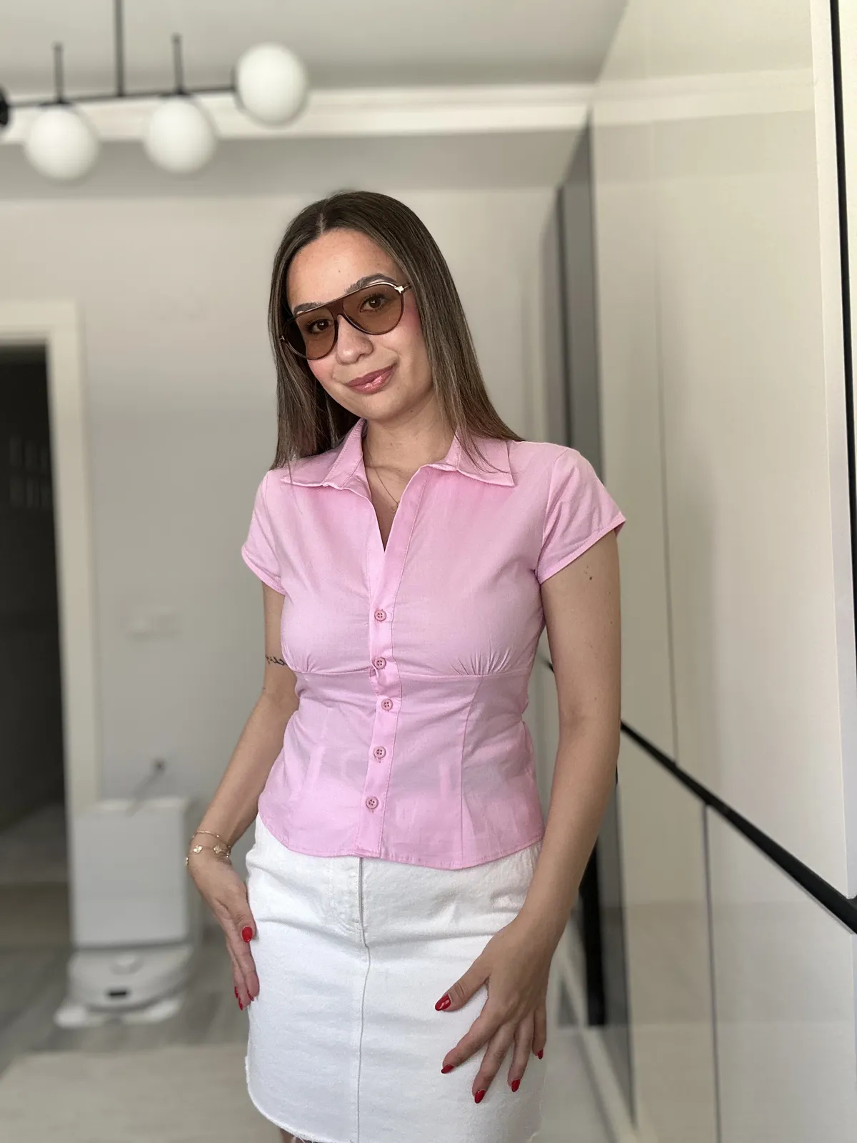 Karol Bağlama Detaylı Pembe Kısa Kol Gömlek