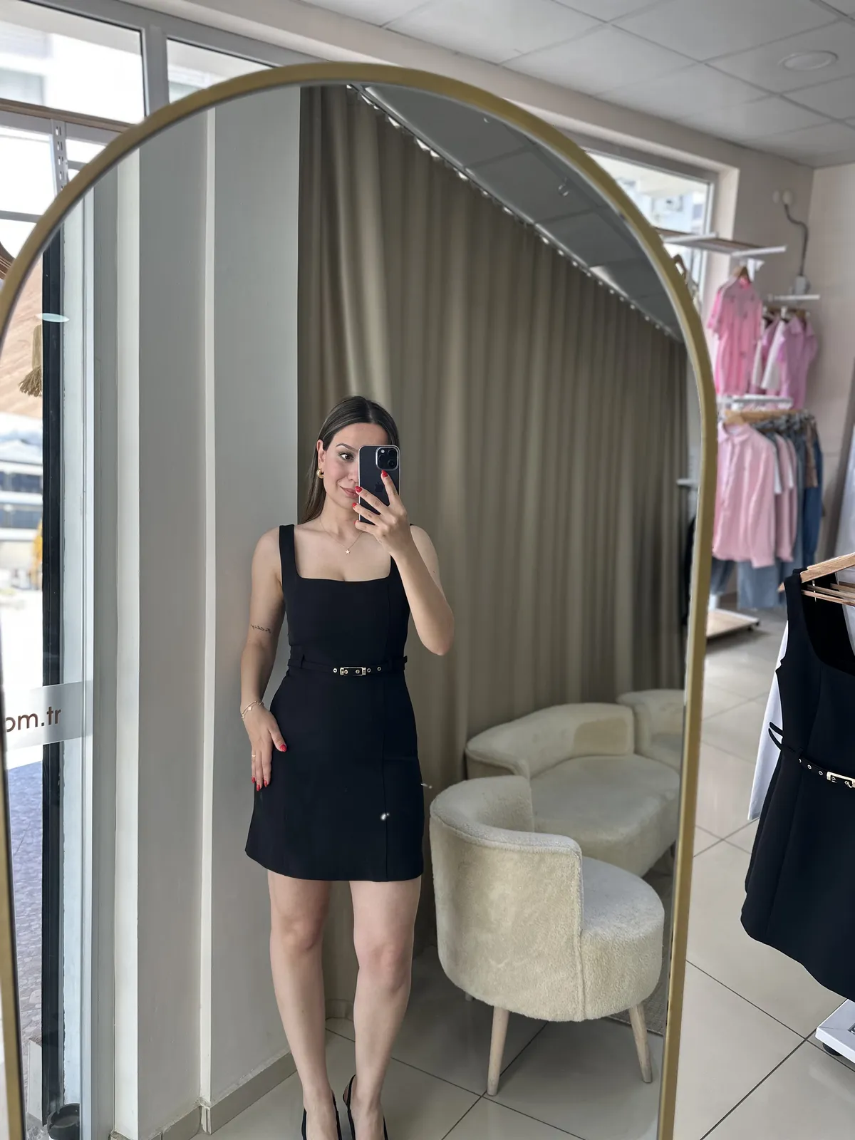 Premium Kemerli Kalın Askılı Siyah Elbise