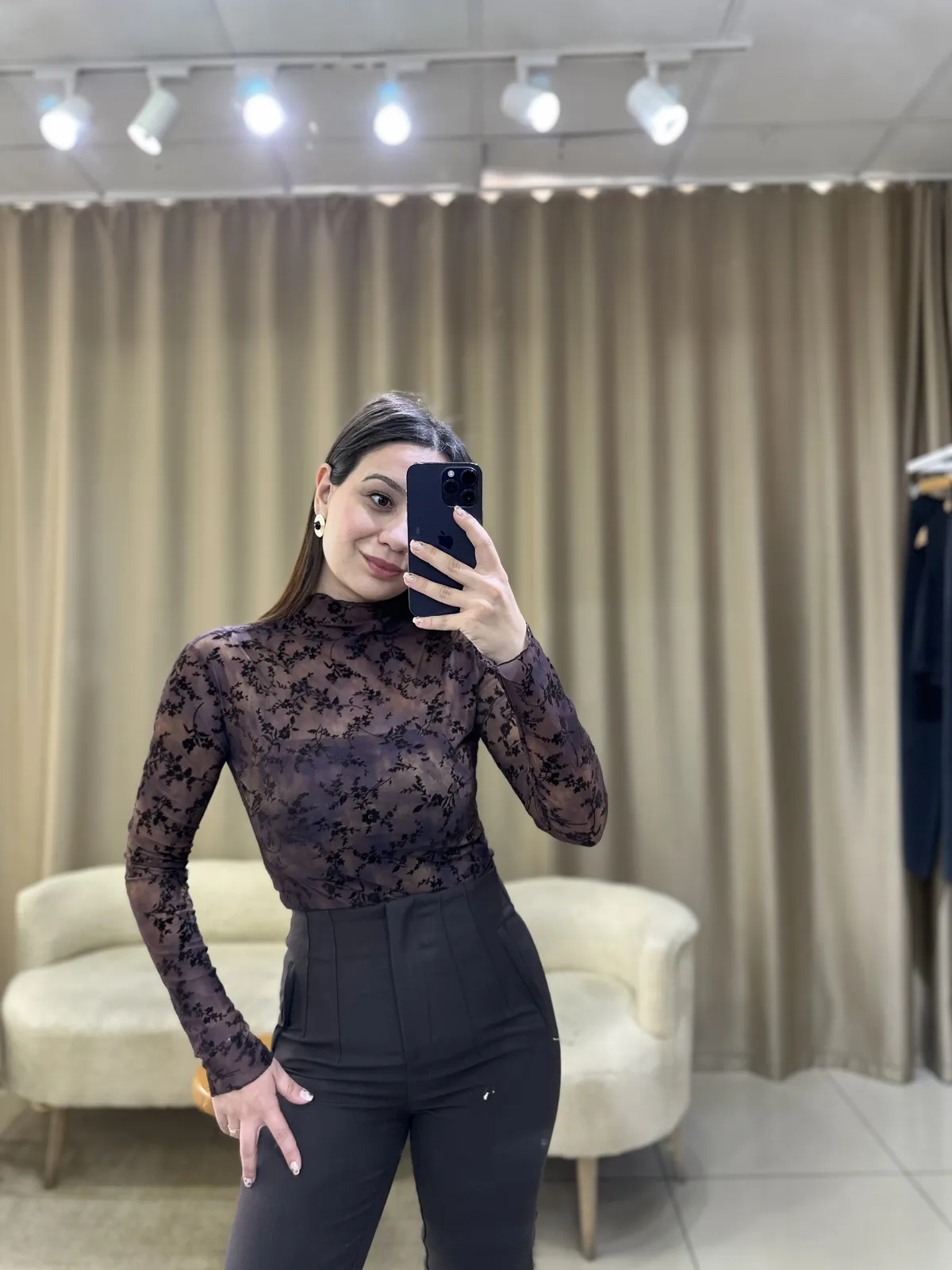 Premium Çiçek Desenli Kahverengi Transparan Bluz