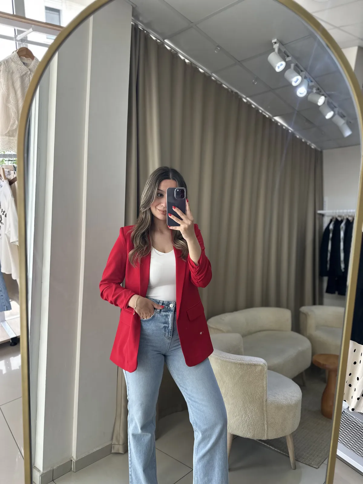 Premium Kol Büzgülü Kırmızı Blazer Ceket