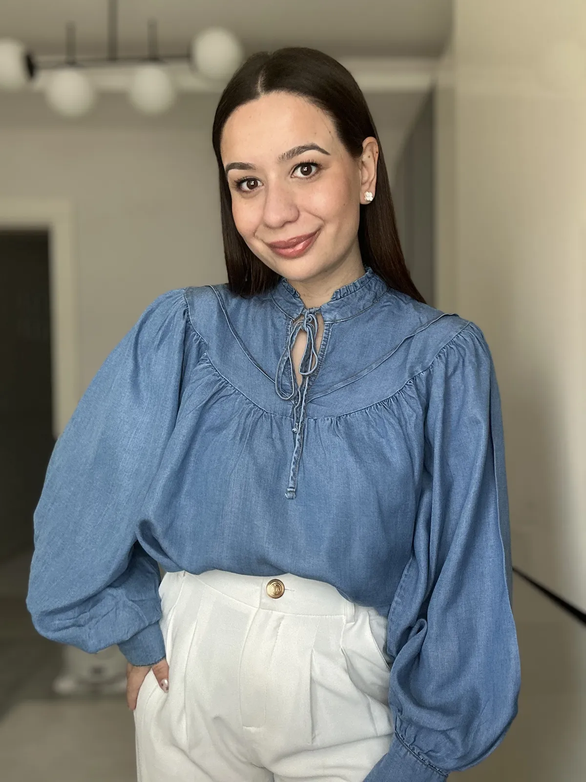 Premium Bağlamalı Mavi Denim Gömlek