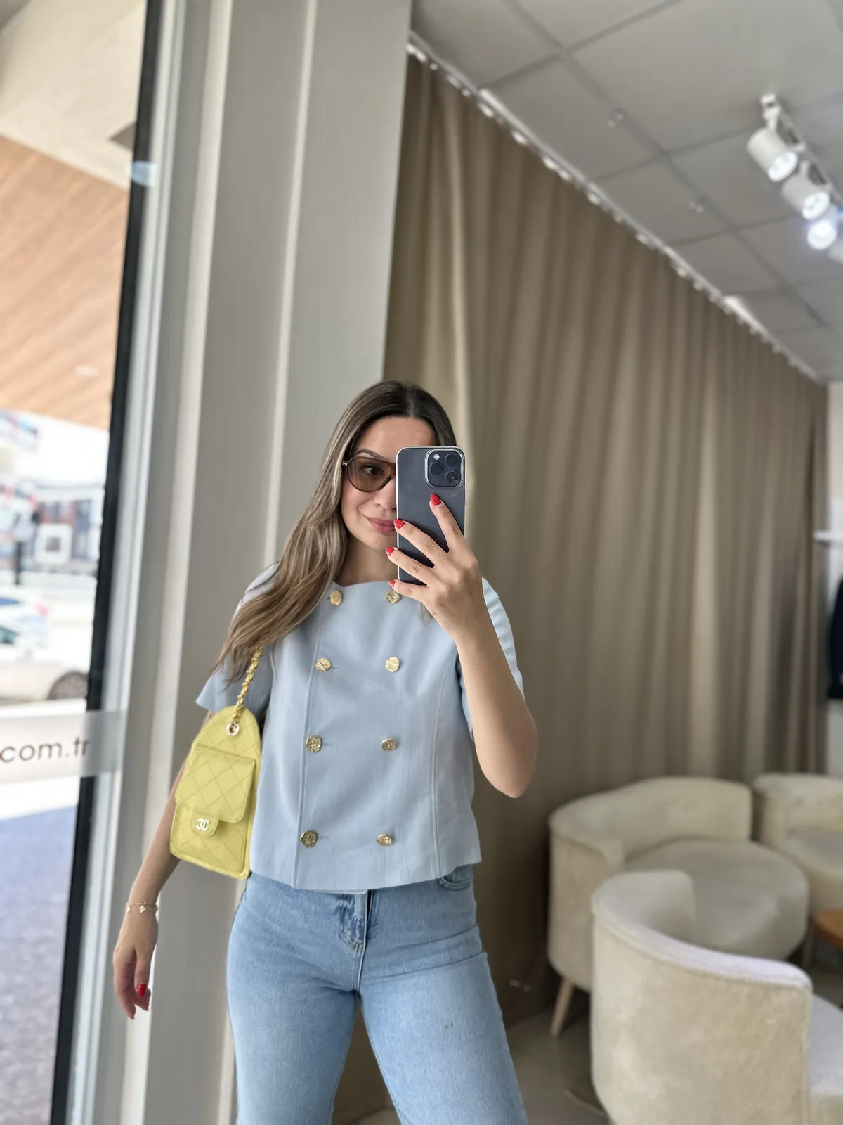 Premium Gold Düğmeli Mavi Keten Ceket